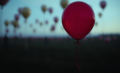 Wall Mural - Hot air balloons, sunset sky, silhouette, dramatic lighting, red balloon in foreground, depth of field, atmospheric, dreamlike, whimsical, cinematic, ethereal, nostalgic, golden hour, bokeh effect, vi