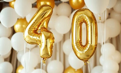 Wall Mural - Golden number balloons, 40th birthday celebration, white and gold balloons background, festive atmosphere, shiny metallic foil, party decoration, anniversary, milestone event, balloon arrangement, cel