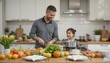 © Anna - A modern kitchen where a couple prepares dinner together, with the man chopping vegetables and the woman stirring a pot, while a child sets the table, creating a cozy family atmosphere Generative AI