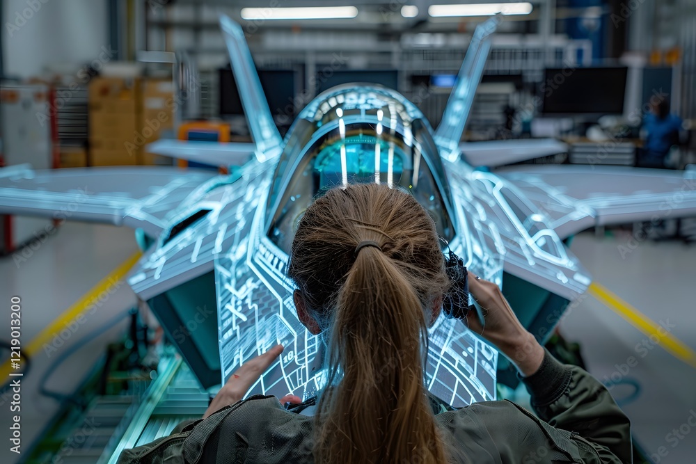 An engineer analyzes advanced holographic data projected on a military ...
