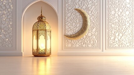 Poster - A glowing golden Ramadan lantern beside an ornate crescent moon on a textured wall, creating a serene and elegant atmosphere