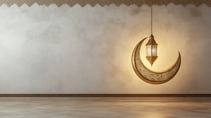 Poster - A minimalistic interior featuring an elegant glowing Ramadan lantern shaped like a crescent moon against a textured wall