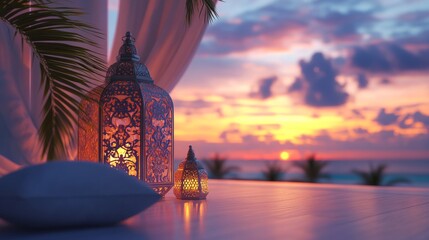 Canvas Print - An elegant outdoor Iftar setup featuring decorative lanterns against a sunset backdrop with ocean views