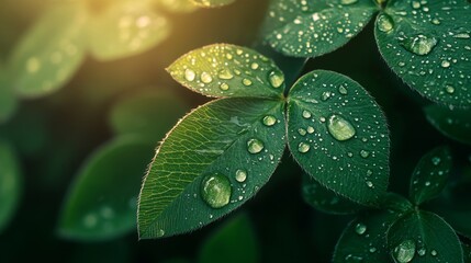 Sticker - Macro close-up of vibrant green leaves with water droplets reflecting light in a minimalistic setting