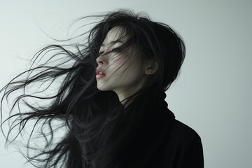 Wall Mural - A girl in black clothing with long hair flowing dramatically against a minimalist light background