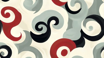 Wall Mural - Abstract swirling pattern design, cream background, red, black, gray swirls, for textile print or wallpaper