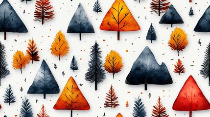 Wall Mural - Autumnal forest watercolor pattern; fall trees, white background; design element for textiles, wallpaper