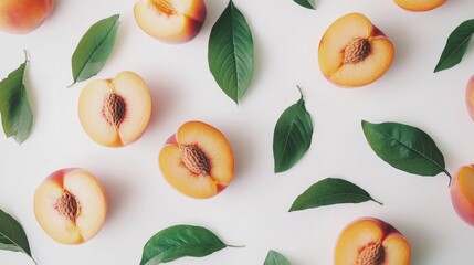 Poster - Peaches with leaves on white surface