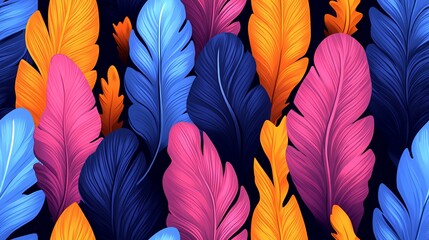 Wall Mural - Colorful feather pattern, vibrant tropical design, dark background, ideal for textile prints