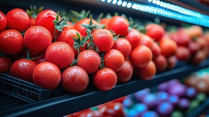 Sticker - Fresh, ripe tomatoes stacked neatly on a grocery store shelf with colorful fruits in the background