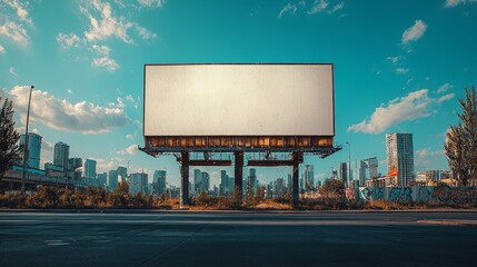 Blank billboard urban landscape, city skyline background, advertising space
