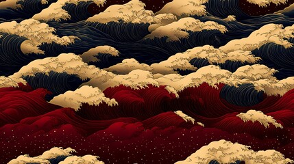 Wall Mural - Crimson & Navy Ocean Waves Seamless Pattern; Digital Art for Textile Design