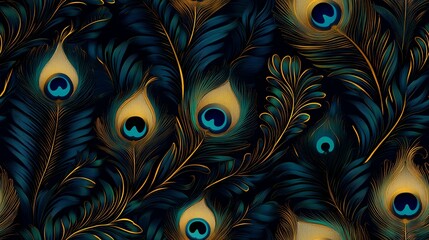 Wall Mural - Elegant peacock feather pattern, dark teal and gold, seamless design, ideal for textile prints or backgrounds