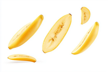 Flying banana slices, isolated on white background