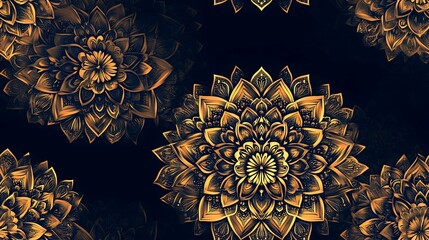 Wall Mural - Ornate gold floral mandala pattern, dark background, textile design, repeating design for fabric