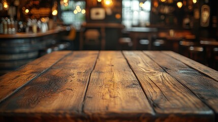 Rustic wooden table in a dimly lit pub.