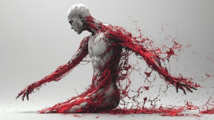 Abstract human figure in dynamic pose with flowing red paint resembling blood and organic decay in artistic design