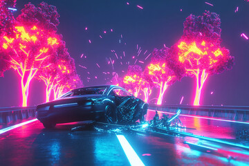 Nighttime drive on a futuristic highway with neon trees and a damaged vehicle