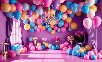 Wall Mural - A purple and blue room with a lot of balloons and decorations balloon background balloon background party holiday celebration decoration