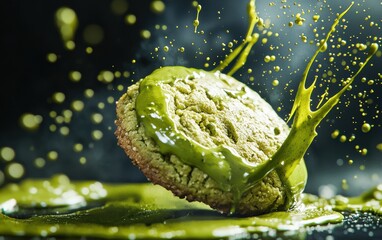 Wall Mural - A dynamic shot of a matcha green tea cookie with creamy green matcha glaze splashes.