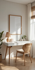 mockup frame in cozy scandinavian home office interior with minimalist modern workplace setup, 3d re