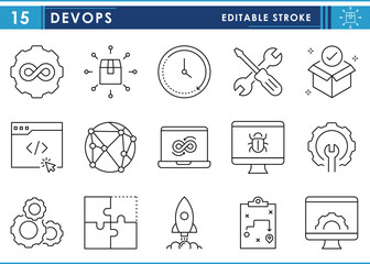 A set of line icons related to DevOps. Developer and operations. Gear, computer, clock, digital, bugs, infinite, tools, and so on. Vector editable stroke.