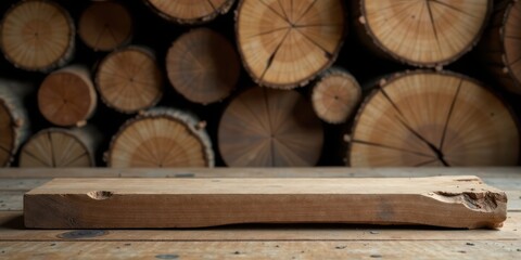 Poster - Rustic Wooden Plank Display on a Wooden Table Against a Background of Stacked Tree Rounds