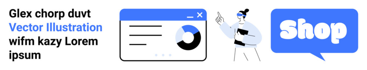 Depicts a person pointing at data charts on a digital interface with a Shop button. Ideal for e-commerce, business analytics, marketing, online shopping, web development. Banner for landing page