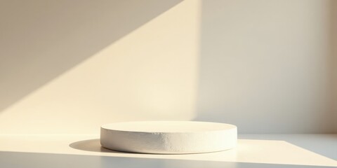 Aufkleber - Simple White Circular Pedestal in Soft Sunlight with Shadow Play on a Neutral Background