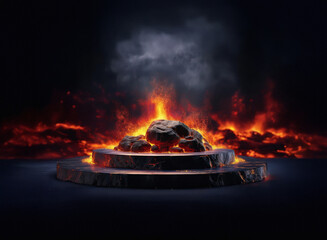 Aufkleber - Fiery rocks rest on a dark stone platform, engulfed in flames and ominous smoke.  A volcanic, hellish scene.