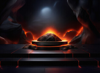 Aufkleber - A glowing volcanic rock rests on a dark, futuristic platform within a cavern.  Surrounding it are dark rocks and lava-like glows.  The scene is dramatic and mysterious, lit by an unseen light source.