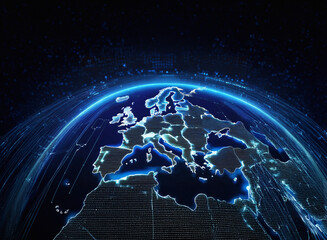 Fototapete - A glowing digital representation of Europe, illuminated by bright blue lines,  connected to a global network, signifying digital connectivity and technological advancement across the continent.