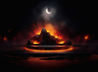 Aufkleber - Fiery volcanic rocks erupt on a dark circular platform, illuminated by a crescent moon in a smoky, night sky.  Glowing embers surround the scene.