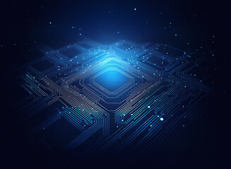 Poster - Abstract digital artwork depicting a glowing central processing unit on a circuit board, surrounded by particles, suggesting technological advancement and innovation.  The dark blue background enhance