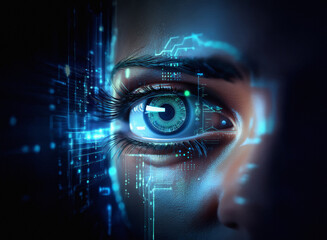 Aufkleber - Close-up of a woman's eye, digitally enhanced with glowing blue circuits and data streams, suggesting technological integration or futuristic vision.