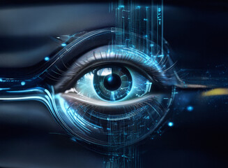 Aufkleber - A mesmerizing digital eye, gleaming with vibrant blue circuitry and metallic accents, suggests a fusion of technology and human vision.  The image evokes concepts of advanced surveillance, artificial 