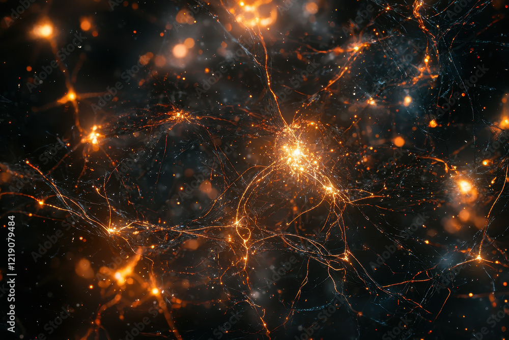 Abstract glowing neural network-like structure with golden nodes and ...