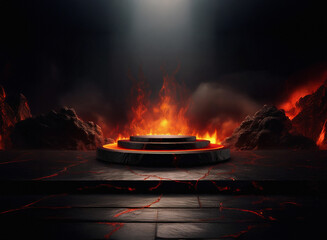 Aufkleber - Fiery volcanic scene with a three-tiered stone podium, illuminated by a spotlight, set against a dark, smoky landscape.  Lava flows around the base.