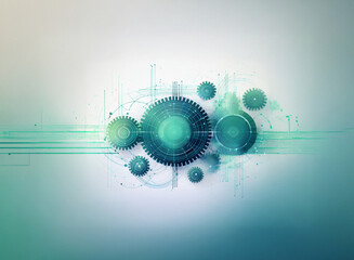 Poster - Abstract image of teal gears interlocked, suggesting technological precision and complex systems.  Lines and circles create a futuristic, technological feel.