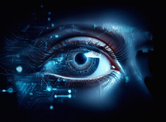Aufkleber - A close-up of a woman's eye, digitally enhanced with glowing blue circuit patterns, suggesting technological integration and futuristic concepts.