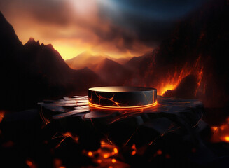Aufkleber - A dark, cylindrical platform sits atop volcanic rock, glowing embers surround it.  A fiery, ominous sunset illuminates the mountainous, lava-filled landscape behind.