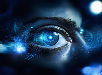 Aufkleber - A close-up of a human eye, digitally enhanced with glowing blue circuitry, suggesting technological integration and futuristic vision.  The image evokes themes of artificial intelligence and bio-augme