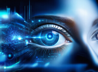Poster - A close-up reveals a woman's eye, technologically augmented with glowing blue circuits and data streams.  The futuristic design blends organic and synthetic elements, suggesting themes of bio-integrat