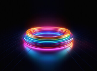 Aufkleber - Vibrant rainbow neon rings glow on a dark reflective surface, creating a captivating, futuristic display.  The concentric circles illuminate the scene with their bright, colorful light.