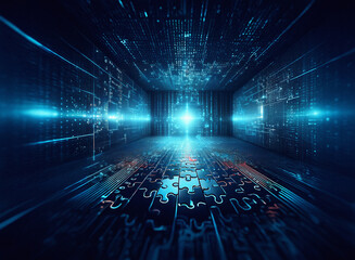 Aufkleber - Abstract digital art depicting a futuristic, glowing blue data space.  A path of puzzle pieces leads towards a bright center.  The image suggests connection, problem-solving, and technological advance