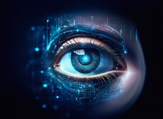 Aufkleber - A mesmerizing close-up of a futuristic eye, seamlessly blending organic and technological elements.  Intricate circuitry flows around a vibrant, glowing iris, hinting at artificial intelligence and ad
