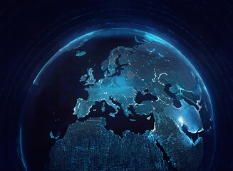 Aufkleber - Glowing digital rendering of Earth, focusing on Europe's illuminated cities at night.  The continents are outlined in bright blue light against a dark background.