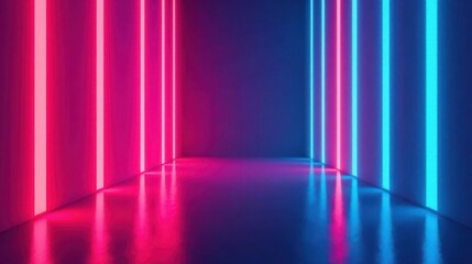 Leinwandbilder - Abstract Neon Light Installation Vibrant Pink and Blue Glowing Lines Reflecting on a Sleek Polished Floor