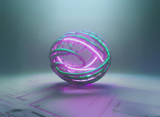 Poster - A luminous sphere, encased in glowing teal and magenta neon latticework, rests on a minimalist surface.  The vibrant light casts a soft glow.