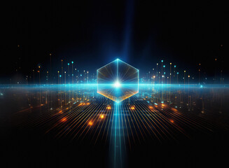 Aufkleber - Glowing hexagonal structure floats above a futuristic cityscape, illuminated by vibrant blue and orange lines.  The scene evokes advanced technology and digital innovation.